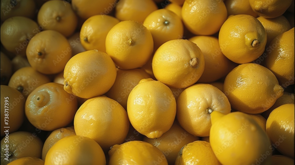 A bunch of lemons on the floor. Top view. Generative AI.