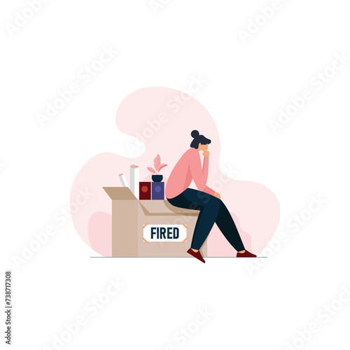 Young female employee got fires and moving out of the office with personal stuff, Job loss, Unemployment or economic crisis