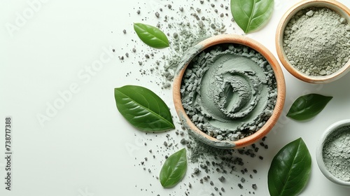 A big copy space with Exfoliating scrub with green clay and natural ingredients Beauty mask applied on white background. top view. Generative AI. photo