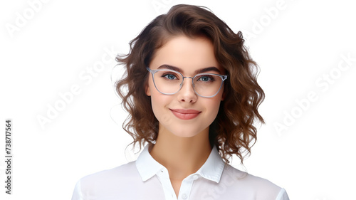 On a background of pure white, a lovely smiling woman wearing transparent glasses is isolated.