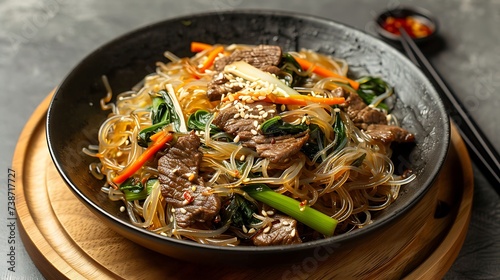 Korean japchae stir-fried glass noodles with beef, vegetables, and soy sauce photo