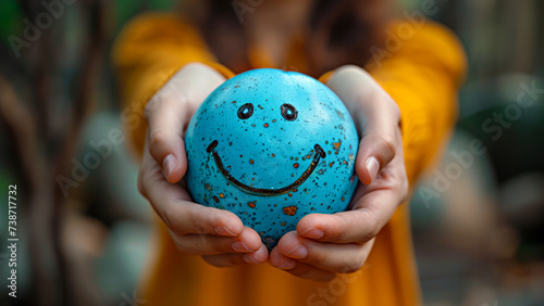 Easter egg with a smiley face in a woman's hands