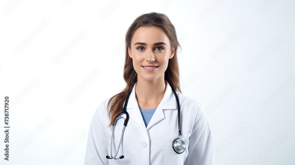 Young female doctor with a smile, isolated on a white background, holding a clipboard Young female doctor with a smile, isolated on a white background, holding a clipboard