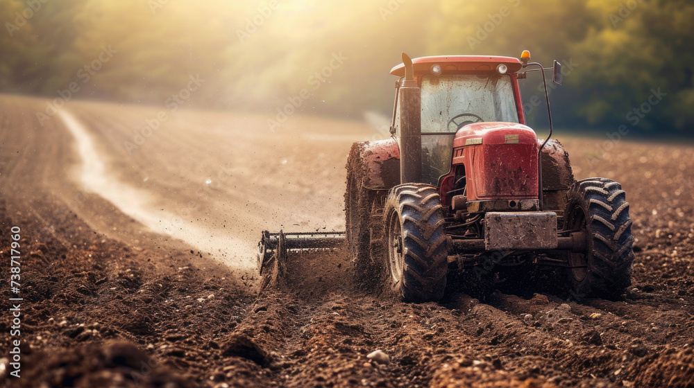 Fototapeta premium tractor plows the field, cultivates the land, agricultural land of the farmer, plants, dirt