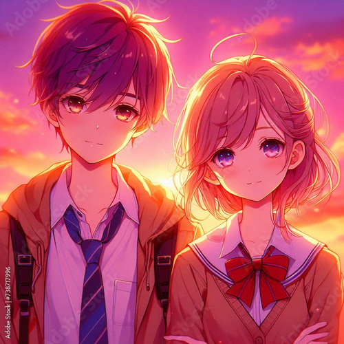 Cute couple in love. Romantic wallpaper. Anime style characters. couple holding hands walking in a park, path, japan, sakura, cartoon. nime couple sitting together. Anime wallpaper.	 photo