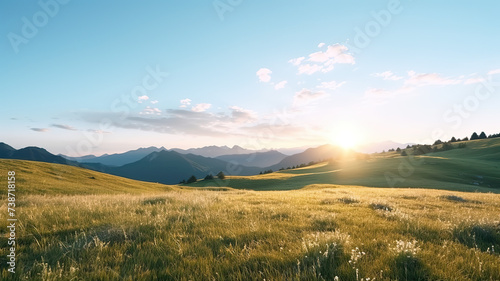A mountaintop sunrise surrounded by solitary meadows against a stark white background © drizzlingstarsstudio