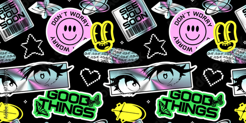 Trendy holographic Y2K sticker seamless pattern. Retro 2000s text quote label background. Iridescent metallic wallpaper with love heart, anime  cartoon and party message. Gen z cyber style print.