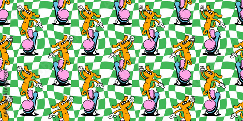 Vintage skater dog cartoon character seamless pattern. Trendy retro skate board animal mascot background. Street sport wallpaper print texture in 90s comic art style.