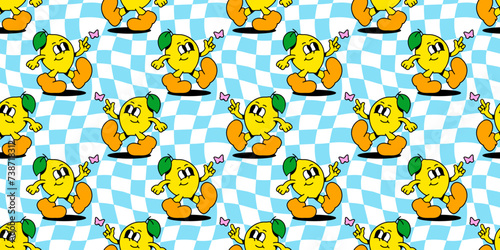 Vintage lemon fruit cartoon character seamless pattern. Trendy retro food mascot background. Groovy wallpaper print texture in 70s art style.