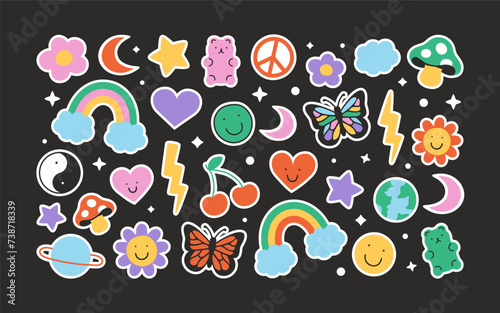 Set of retro symbol doodle illustration in trendy 90s art style. Colorful icon collection with cute vintage decoration. Includes rainbow, butterfly, flower and love heart hand drawn cartoon.