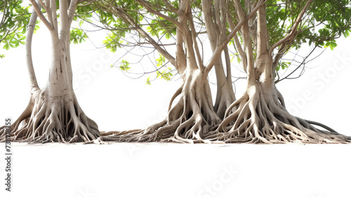 Isolated on a stark white background are the banyan tree's roots and stems. photo