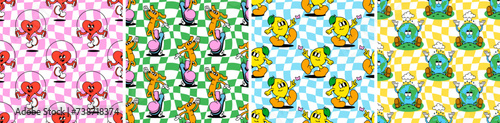 Set of vintage comic cartoon character mascot seamless pattern. Funny trendy retro background collection. Love heart, skater dog and earth planet wallpaper print texture bundle in groovy art style.