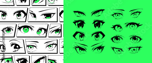 Japanese anime eye seamless pattern illustration set. Manga cartoon character background, animation art style print. Trendy Y2K eyes, facial expression graphic, diverse comic book people.