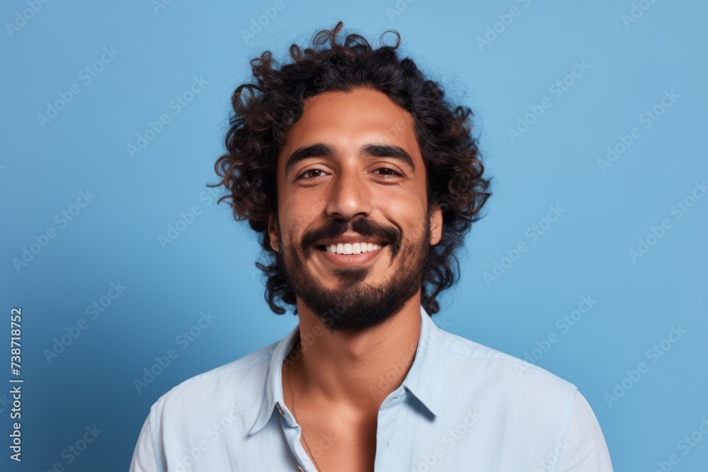 Portrait of handsome man with curly hair, isolated on blue background Portrait of handsome man with curly hair, isolated on blue background