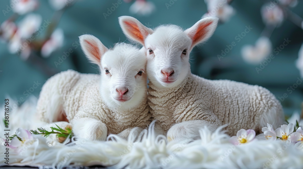Obraz premium Two Baby Lambs Cuddle on Fluffy Blanket