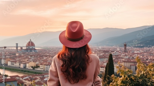Adventurous female traveler exploring iconic european landmarks in summertime getaway