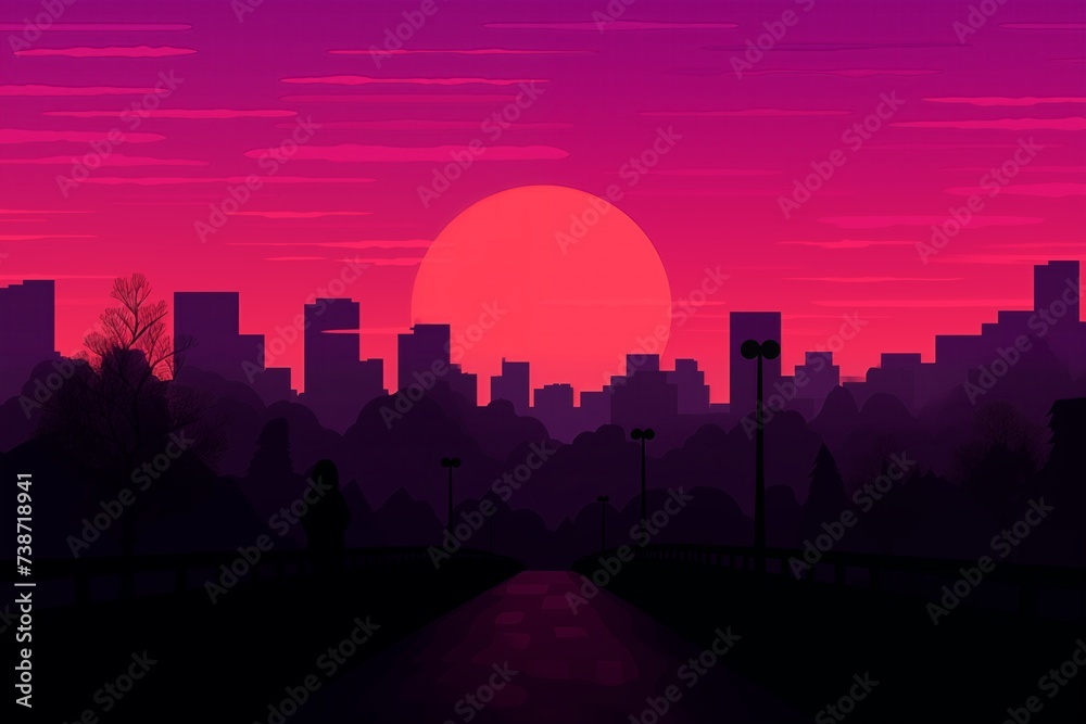 The sun is setting in the horizon, casting a warm glow over the urban city skyline with tall buildings and skyscrapers. Generative AI