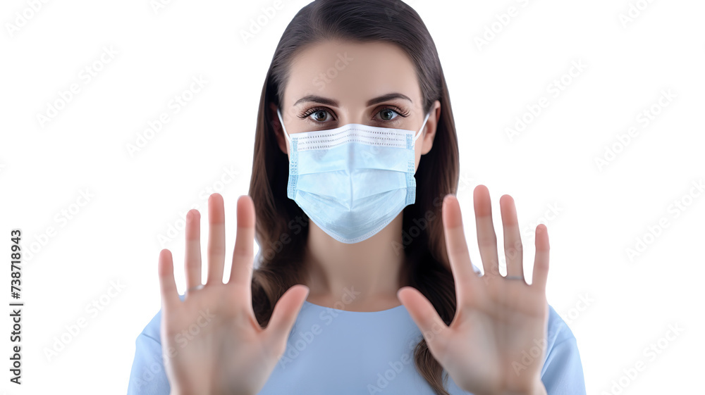 Woman wearing sterile medical mask with hands shielded on her face, isolated against a stark white background Woman wearing sterile medical mask with hands shielded on her face, isolated against a stark white background