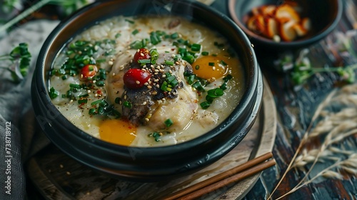 Korean samgyetang ginseng chicken soup with glutinous rice, jujubes, and ginseng, served hot