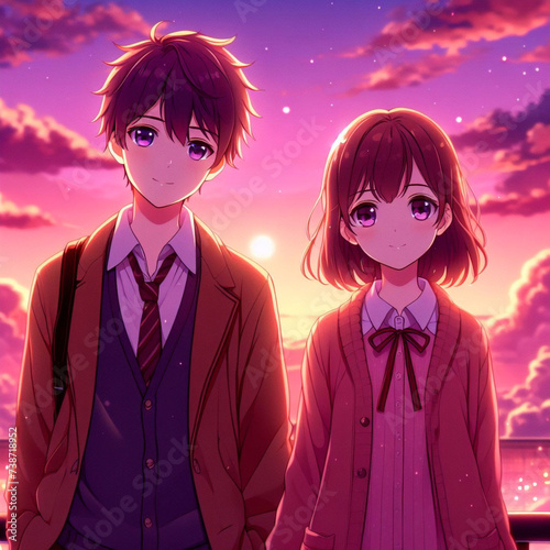 Cute couple in love. Romantic wallpaper. Anime style characters. couple holding hands walking in a park, path, japan, sakura, cartoon. nime couple sitting together. Anime wallpaper.	 photo