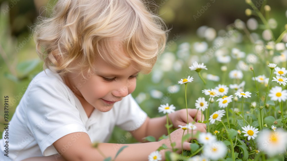 Child amidst the flowers, seemingly engaged in picking or admiring them. The white daisies with yellow centers are in full bloom and appear fresh and vibrant Child amidst the flowers, seemingly engaged in picking or admiring them. The white daisies with yellow centers are in full bloom and appear fresh and vibrant