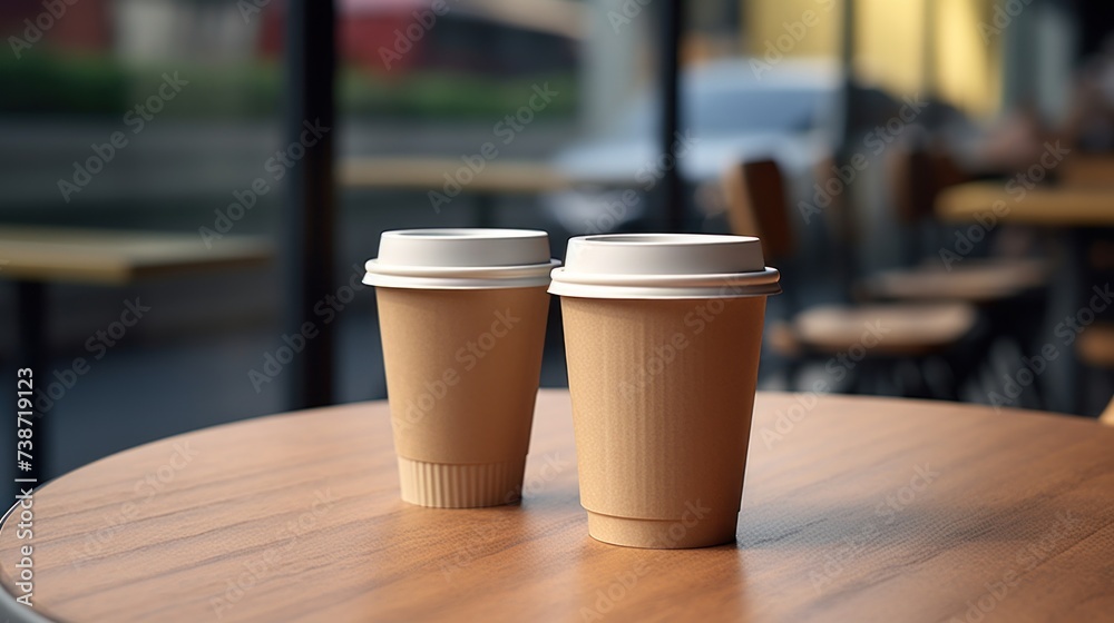 two paper coffee cups on a table two paper coffee cups on a table
