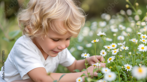 Child amidst the flowers, seemingly engaged in picking or admiring them. The white daisies with yellow centers are in full bloom and appear fresh and vibrant