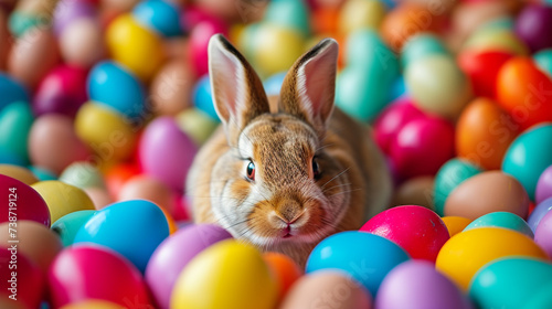 A close-up of a playful Easter bunny surrounded by a burst of multicolored eggs, capturing the whimsical and festive spirit of the season.