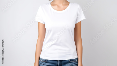 On a stark white background, a woman wearing a white t-shirt with a pink ribbon is isolated.