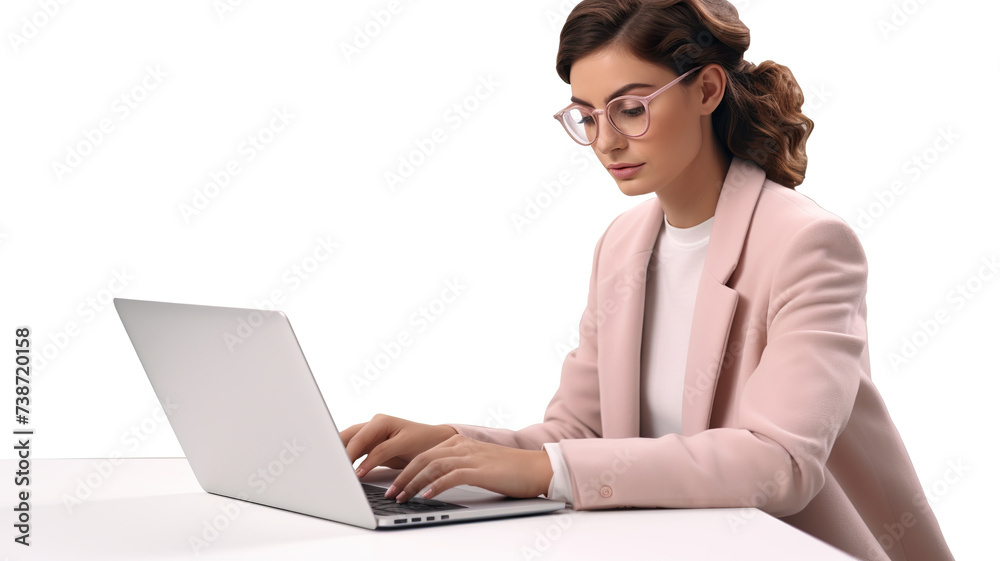 An isolated young woman using a laptop against a stark white background An isolated young woman using a laptop against a stark white background