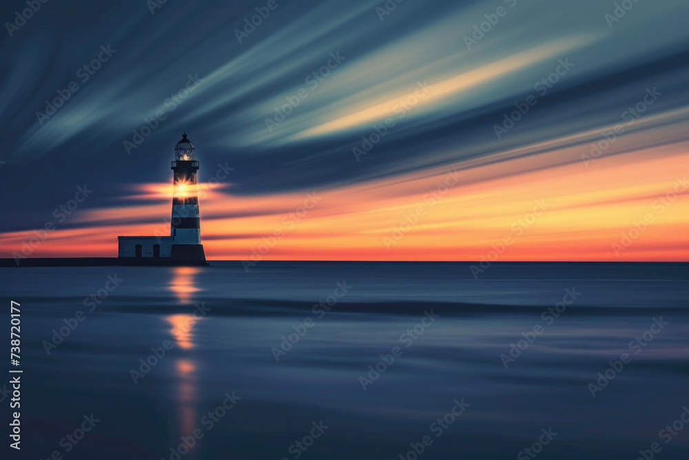 lighthouse illuminates the path to the sea, light from a bulb, beam, calm, sunset sky, calm