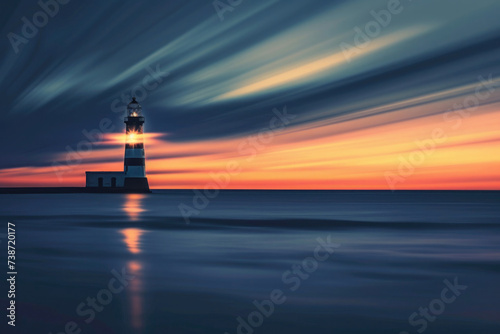 lighthouse illuminates the path to the sea, light from a bulb, beam, calm, sunset sky, calm