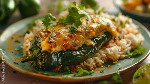 Mexican chile relleno stuffed poblano pepper with cheese, battered, and fried, served with rice and beans