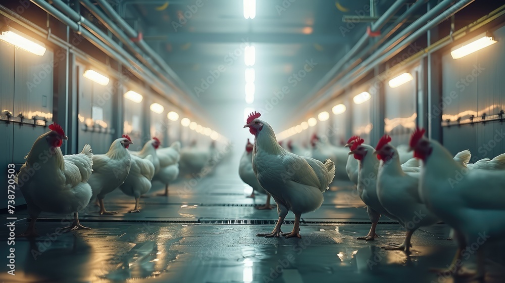 A bustling industrial poultry farm, a broiler. Generative AI. - obrazy, fototapety, plakaty 