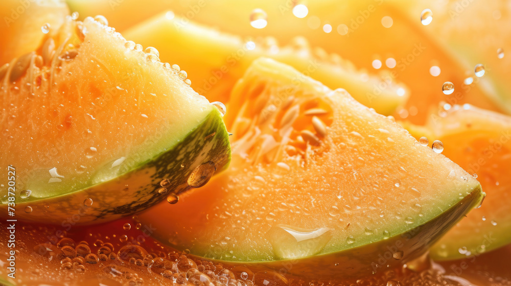 close-up, melon cut into slices, juicy fruit pulp with drops of water, summer fruit, pattern, texture