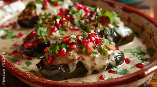 Mexican chiles en nogada stuffed with picadillo, topped with walnut cream sauce, pomegranate seeds, and parsley photo