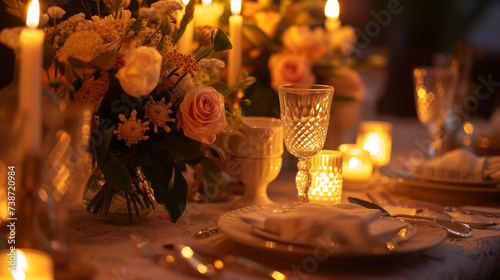 A family Easter candlelight dinner  with a beautifully set table featuring candles and elegant decor  creating an intimate and sophisticated atmosphere for a special celebration.