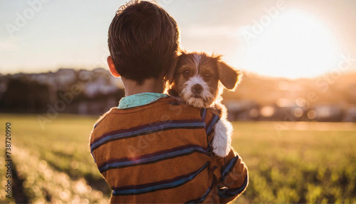 Uma criança de costas, segurando um cachorrinho nos braços, em um parque. photo