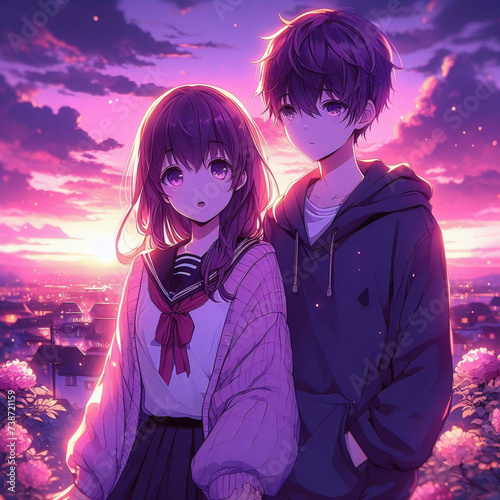 Cute couple in love. Romantic wallpaper. Anime style characters. couple holding hands walking in a park, path, japan, sakura, cartoon. nime couple sitting together. Anime wallpaper.	 photo