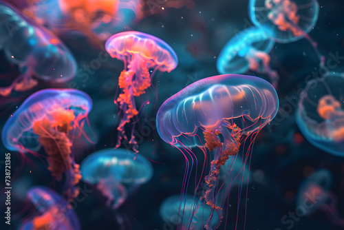 glowing sea jellyfishes on dark background, neural network generated image © lucky pics