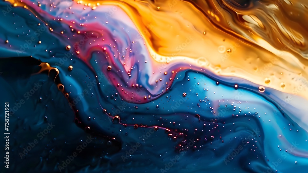 Beautiful abstraction of liquid paints in slow blending flow mixing together gently - obrazy, fototapety, plakaty 