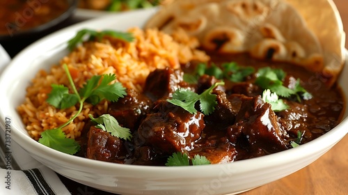 Mexican mole poblano with chicken, served with rice, beans, and tortillas photo
