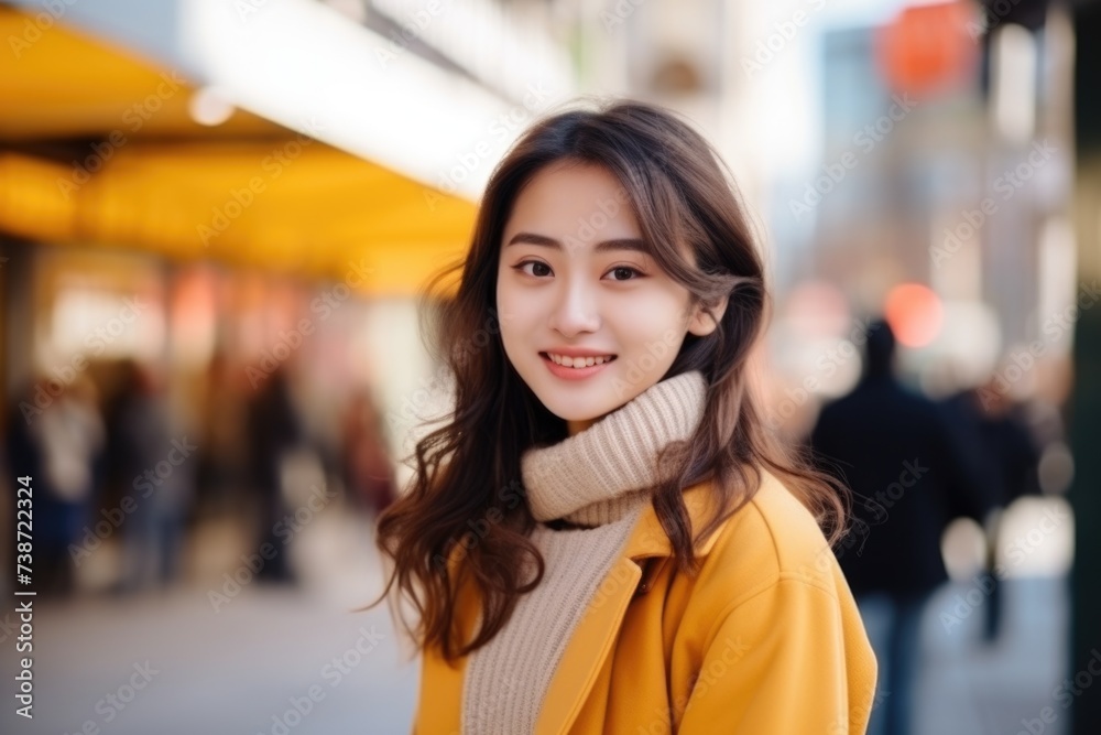 Amidst the urban energy, a young Asian girl wearing glasses captivates with her smile and confident demeanor as she looks at the camera. Amidst the urban energy, a young Asian girl wearing glasses captivates with her smile and confident demeanor as she looks at the camera.