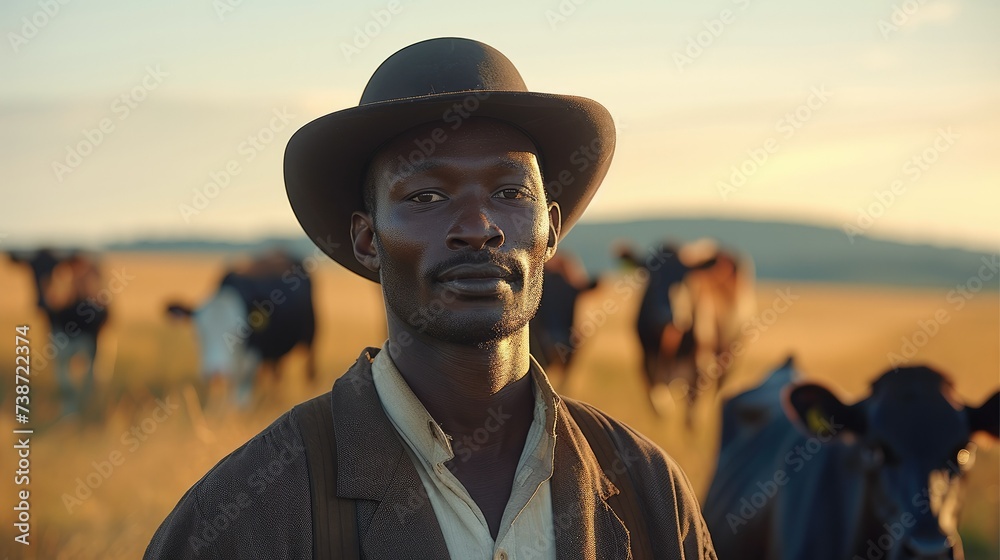 A black man in the field, cattle in the background, representing a farmer. Generative AI. A black man in the field, cattle in the background, representing a farmer. Generative AI.