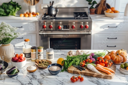A well-appointed modern kitchen showcasing a diverse collection of organic produce, spices, and grains on a marble countertop, ready for a healthy cooking session photo