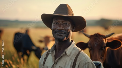 A black man in the field, cattle in the background, representing a farmer. Generative AI.