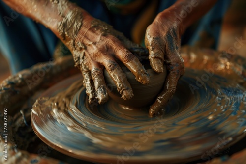 A close-up of a potter's mud-covered hands skillfully shaping a clay pot on a spinning pottery wheel, symbolizing craftsmanship and the art of pottery