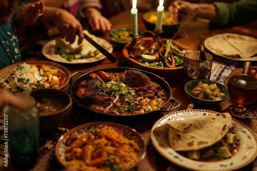 A heartwarming scene of a family enjoying a traditional dinner together, featuring an array of dishes such as roasted meat, rice, and vegetables, symbolizing togetherness and cultural heritage