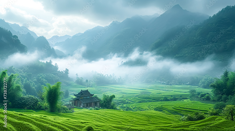 Terraced rice fields in the morning in foggy day in asia.