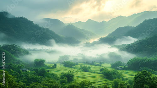 Green tea Terraces in the morning in foggy day in asia. 